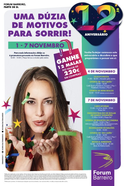 Forum Barreiro Vai festejar 12º aniversário . De 1 a 7 de Novembro