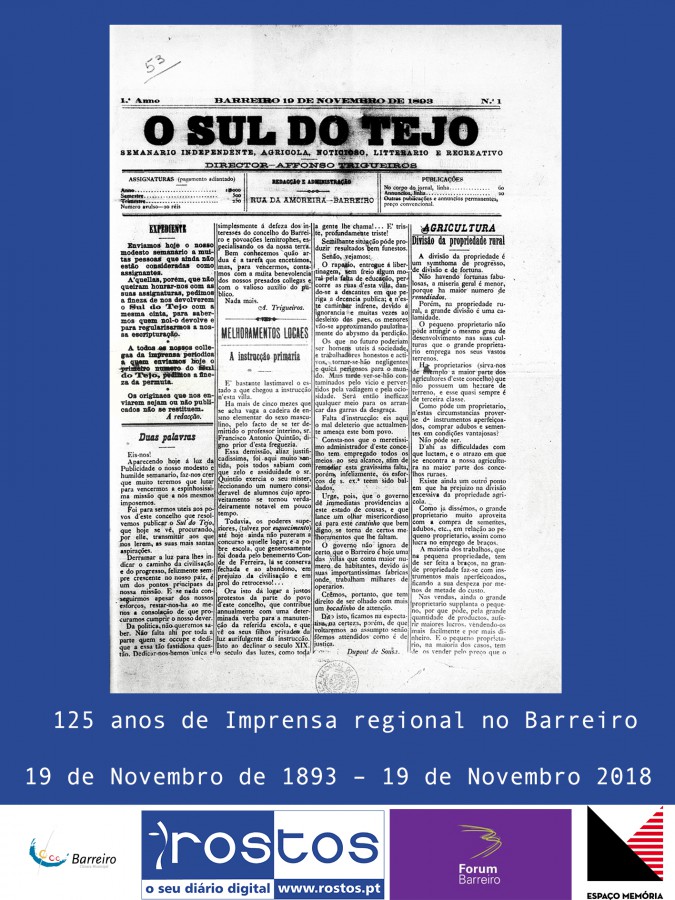 Barreiro comemora hoje 125 anos de imprensa regional Jornal «O Sul do Tejo» publicado em 19 de Novembro de 1893