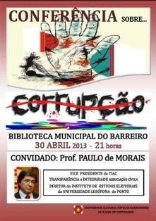 Cooperativa Cultural promove na Biblioteca Municipal do Barreiro Conferência sobre «A CORRUPÇÃO» com Paulo de Morais