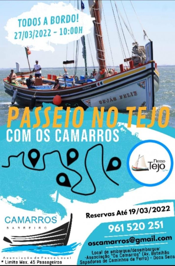 Passeio no Tejo com «Os Camarros» Navegar numa embarcação tradicional e desfrutar das magníficas paisagens do Barreiro.