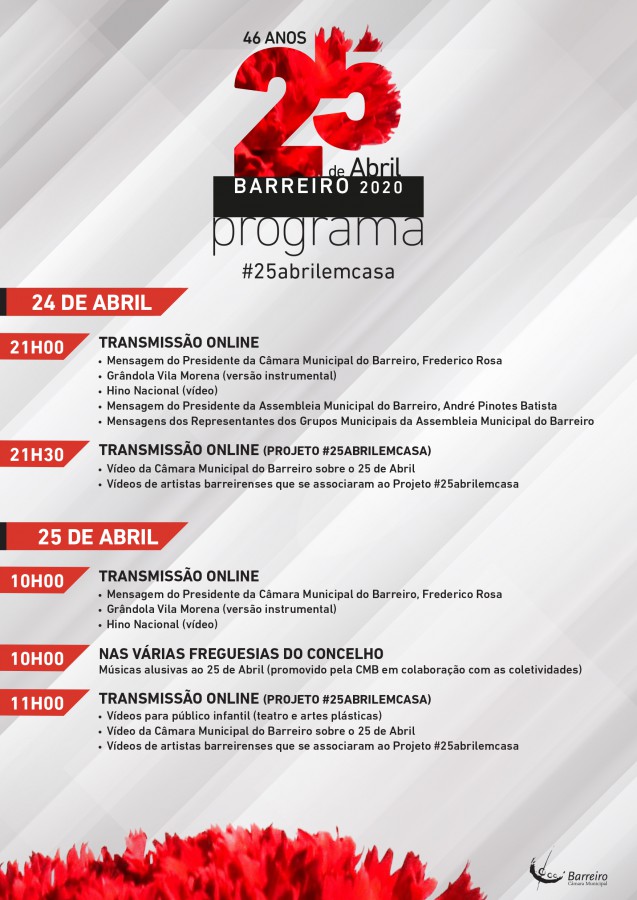 Câmara Municipal do Barreiro vai celebrar o Dia da Liberdade. Celebre Abril connosco