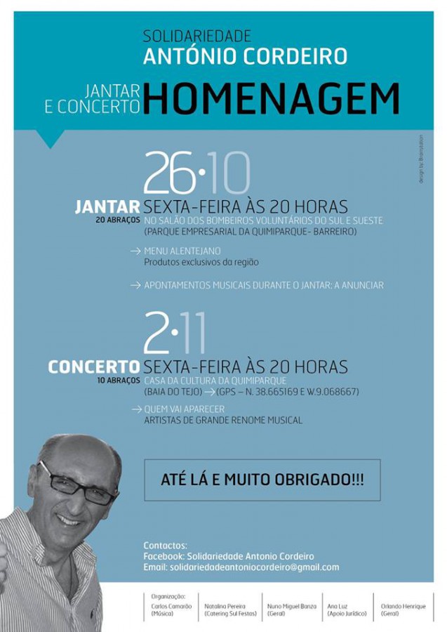 Barreiro – Mil pessoas no jantar solidário com António Cordeiro Concerto Solidário na Casa da Cultura da Quimiparque dia 2 de Novembro pelas 21 horas