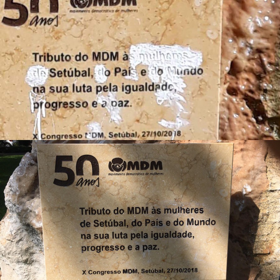 Placa Tributo do MDM às mulheres em Setúbal Sofre cobarde acto de vandalismo