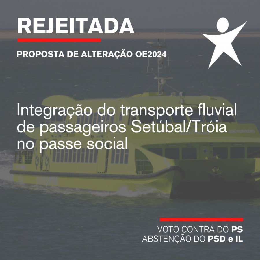 Com o voto contra do PS e com as abstenções do PSD e da IL REJEITADA INCLUSÃO DA TRAVESSIA SETÚBAL/TRÓIA NO PASSE NAVEGANTE