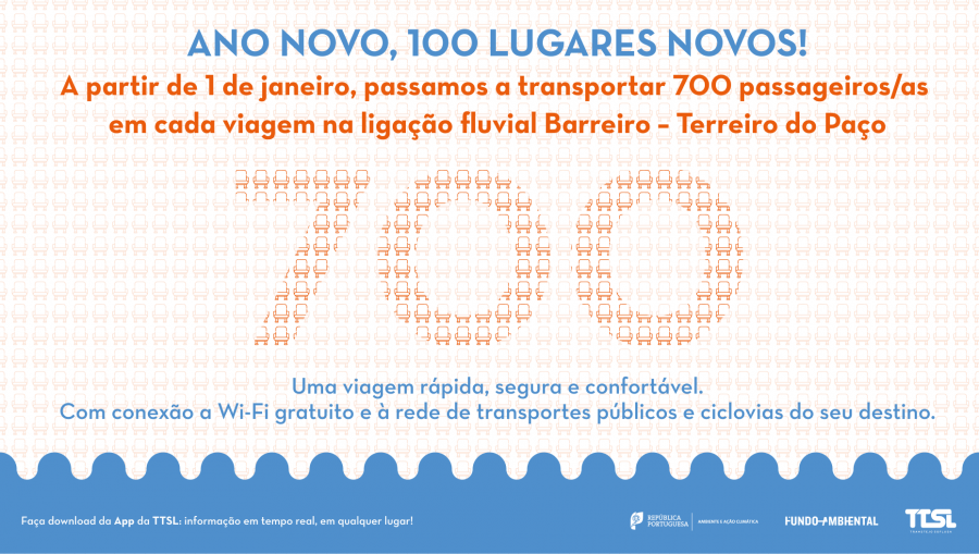 Em cada navio na ligação fluvial Barreiro – Terreiro do Paço Transtejo Soflusa disponibiliza mais 100 lugares em cada viagem . a partir de 1 de janeiro