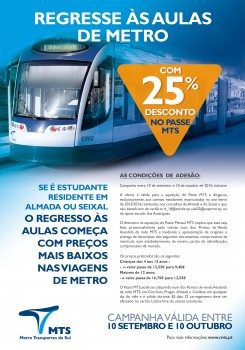 Para assinalar a Semana Europeia da Mobilidade em Almada e Seixal Metro Sul do Tejo cria desconto para estudantes no regresso às aulas
