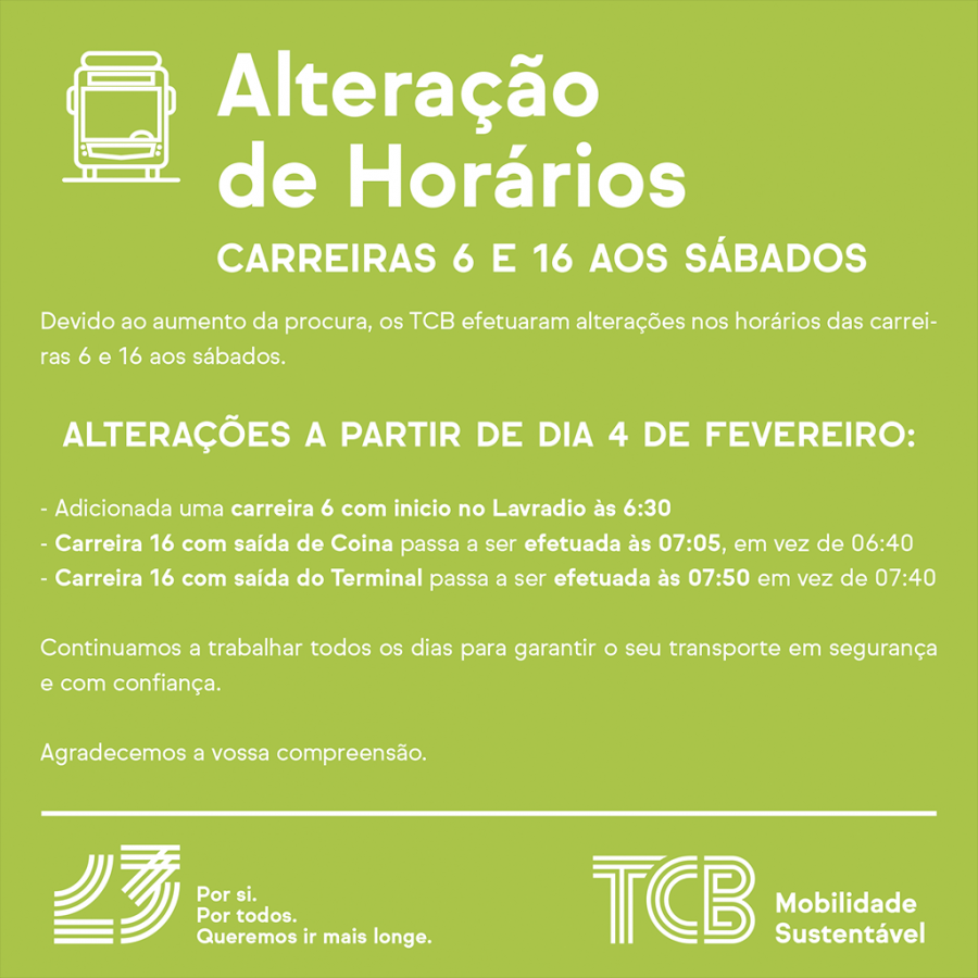 Transportes Colectivos do Barreiro Alteração de horários aos sábados . Carreiras 6 e 16
