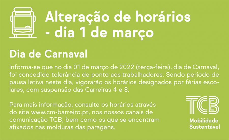 Transportes Colectivos do Barreiro ALTERAÇÃO DE HORÁRIOS - DIA 1 DE MARÇO - DIA DE CARNAVAL
