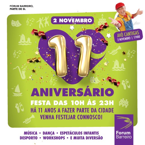 Está a chegar o 11º Aniversário do Forum Barreiro. Para os mais novos o espetáculo com carismático «Avô Cantigas» . 21h00 – Big Band Jazz Barreiro na Praça Sul