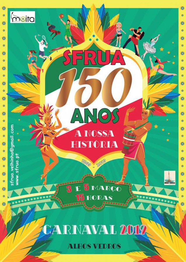 Moita - Tradicionais desfiles de carnaval com foliões de todas as idades. Em Alhos Vedros mais de 300 participantes e quatro carros alusivos ao tema «150 anos da nossa História»