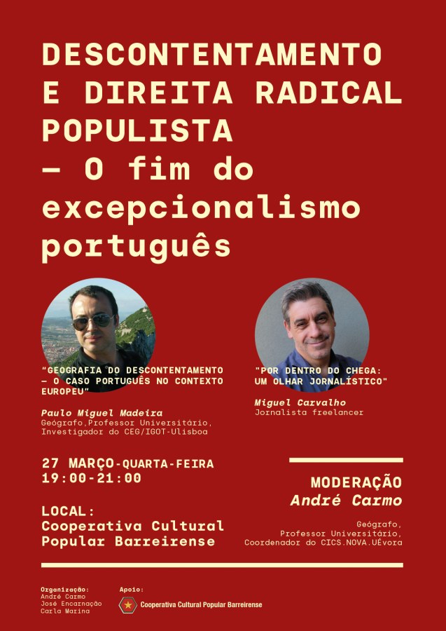 BARREIRO - Na Cooperativa Cultural Popular Barreirense Debate - "Descontentamento e Direita Radical Populista - O fim do excepcionalismo português"