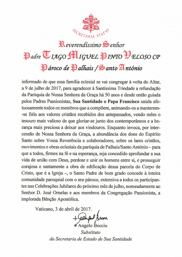 Barreiro - Mensagem de Papa Francisco à Paróquia de Palhais/Santo António «Perdoar e unir os homens entre si»
